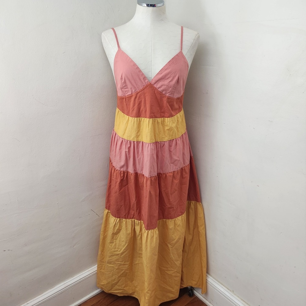 L.I.F.E. Love Is For Eternity Pink Orange Yellow‎ Tiered Cotton Maxi Dress XL